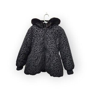 Rothschild Hooded Coat Sz 5/6 Black Cheetah Print Girls Winter Jacket Faux Fur